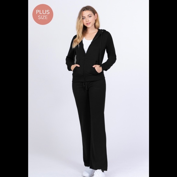 Pants - Black French terry long sleeve hoodie zip up jacket and pant set